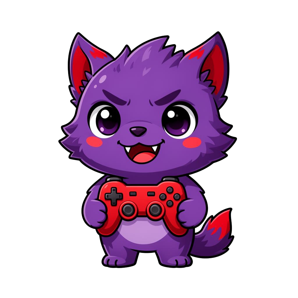 Mascote do Beast Maragames — uma fera roxa segurando um controle vermelho